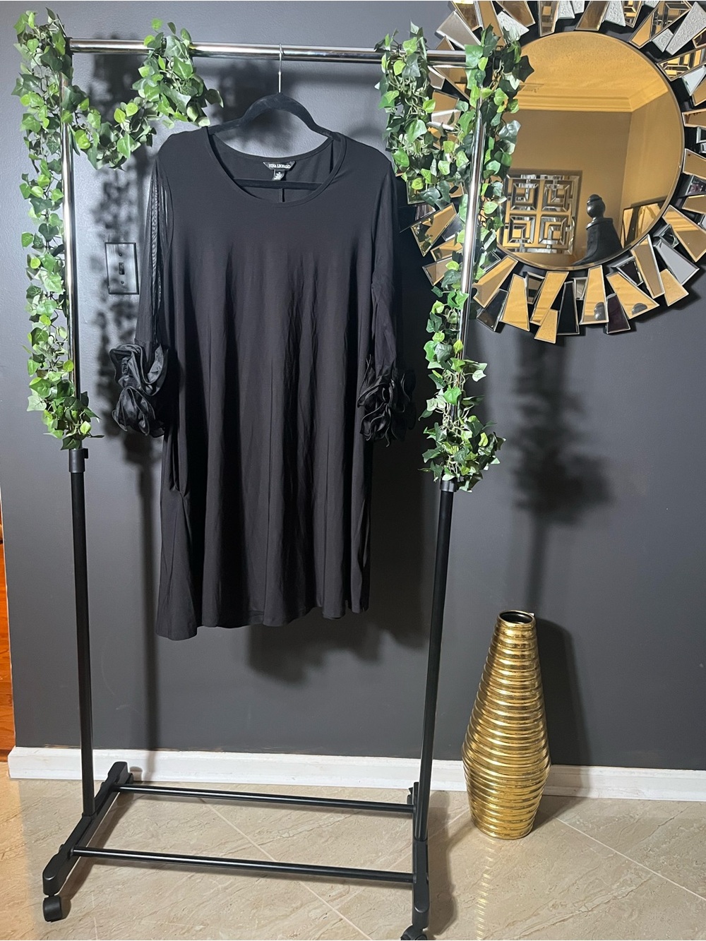 Nina Leonard Black Ruffle Sleeve Tunic Dress